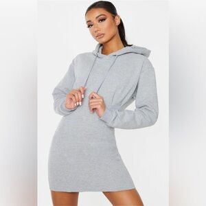 Grey Pleated Hoodie Sweatshirt Dress, Size 12, by PrettyLittleThing